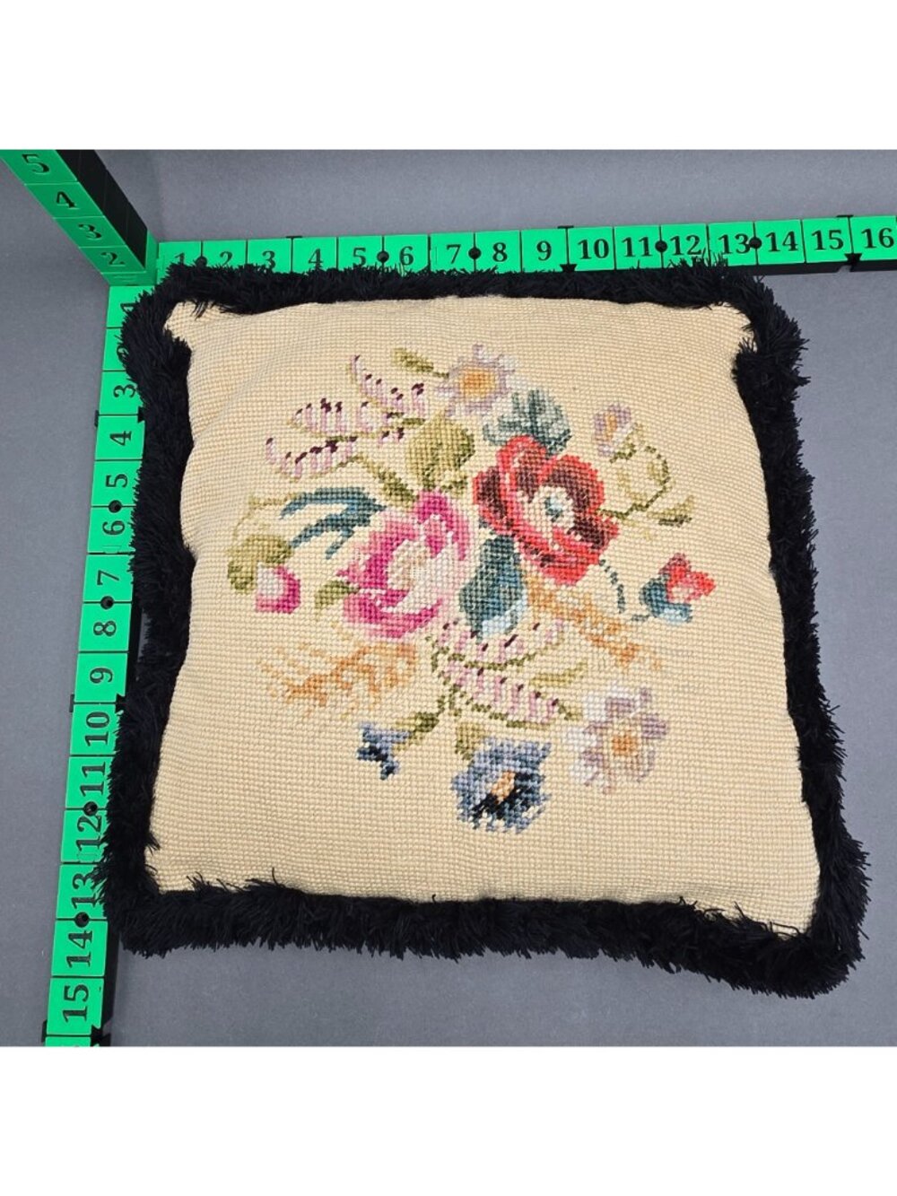 Vintage Floral Needlepoint Throw Pillow Black Fringe 13" Boho Decor - Picture 9 of 10